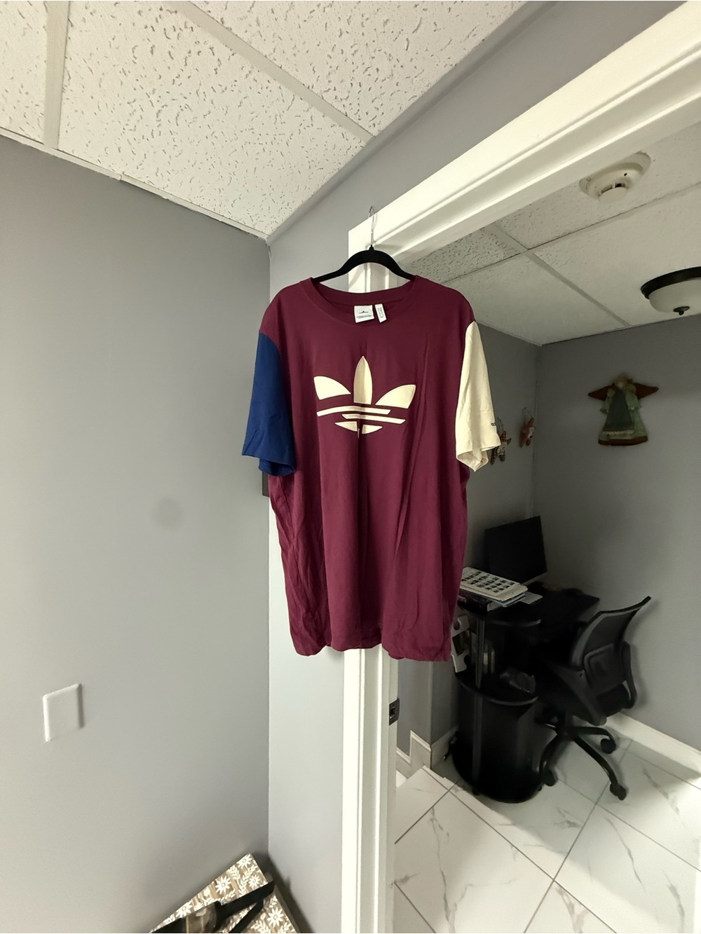 adidas Burgundy Colorblock Tee with Blue and Cream Sleeves